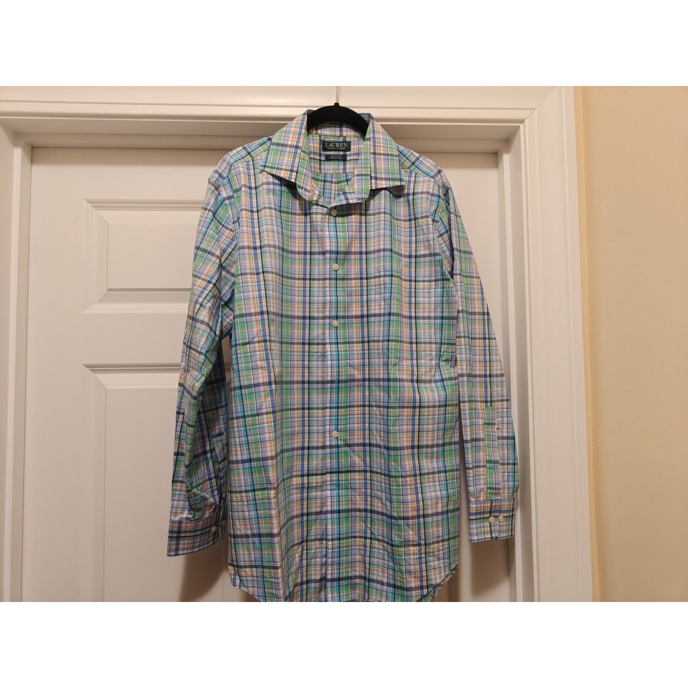 Lauren Ralph Lauren Mens Plaid Button Down Shirt Green Blue Orange Stretch L 16‎